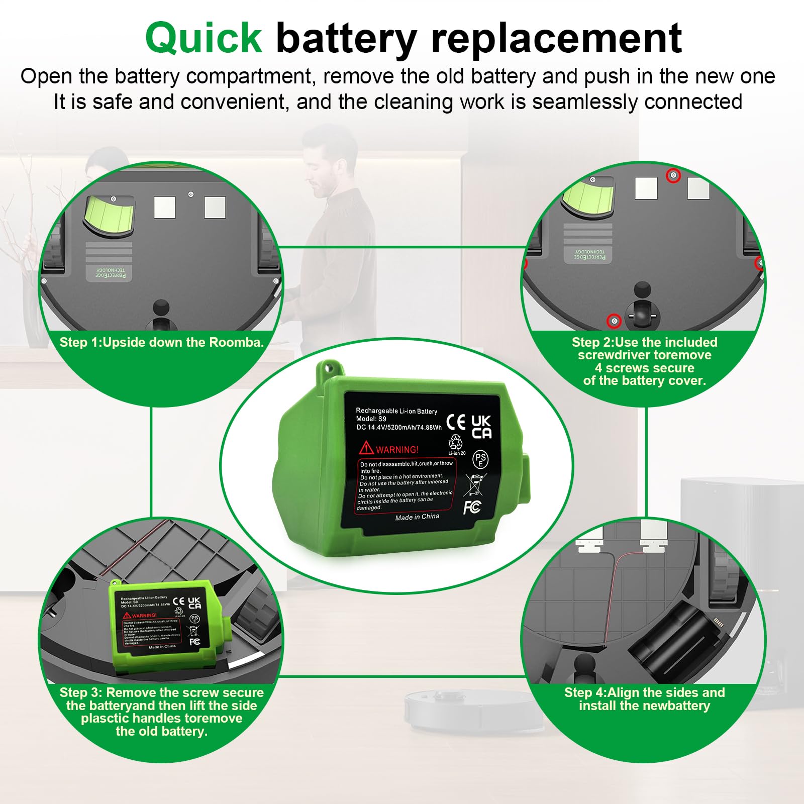 Suitable For Replacing The iRobot Roomba S9 S9+ series Robotic Vacuum Cleaner Battery Can be used S9Plus 9150 9550 S9550 S955020 S955880 ABL-B 4INR19/65-2 14.4V 5200mAh 74.88Wh High capacity