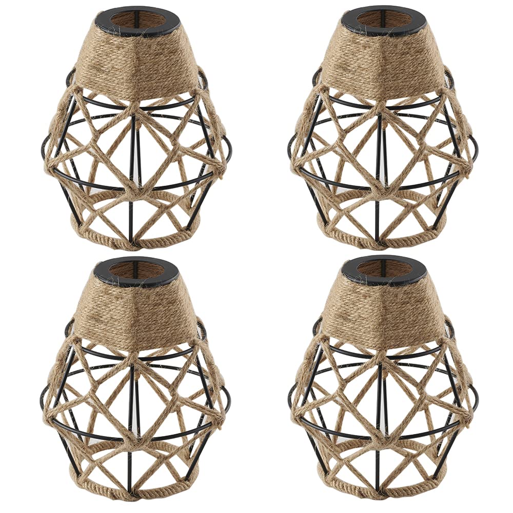 Metal Cage Handcrafted Woven Lampshade in Natural Neutral Jute Rope Industrial Style Lighting with Elegant Patterns for Wall Sconces Ceiling/Pendant Lights Table/Floor Lamps Home Decor - 4 Packs