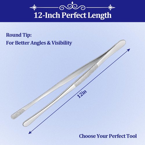 12-inch Stainless Steel Cooking Tongs & Tweezers, Non-Slip Grip & Serrated Tips for Grilling, Baking, Garnishing, BBQ, Kitchen & Craft Use (Round Tip)