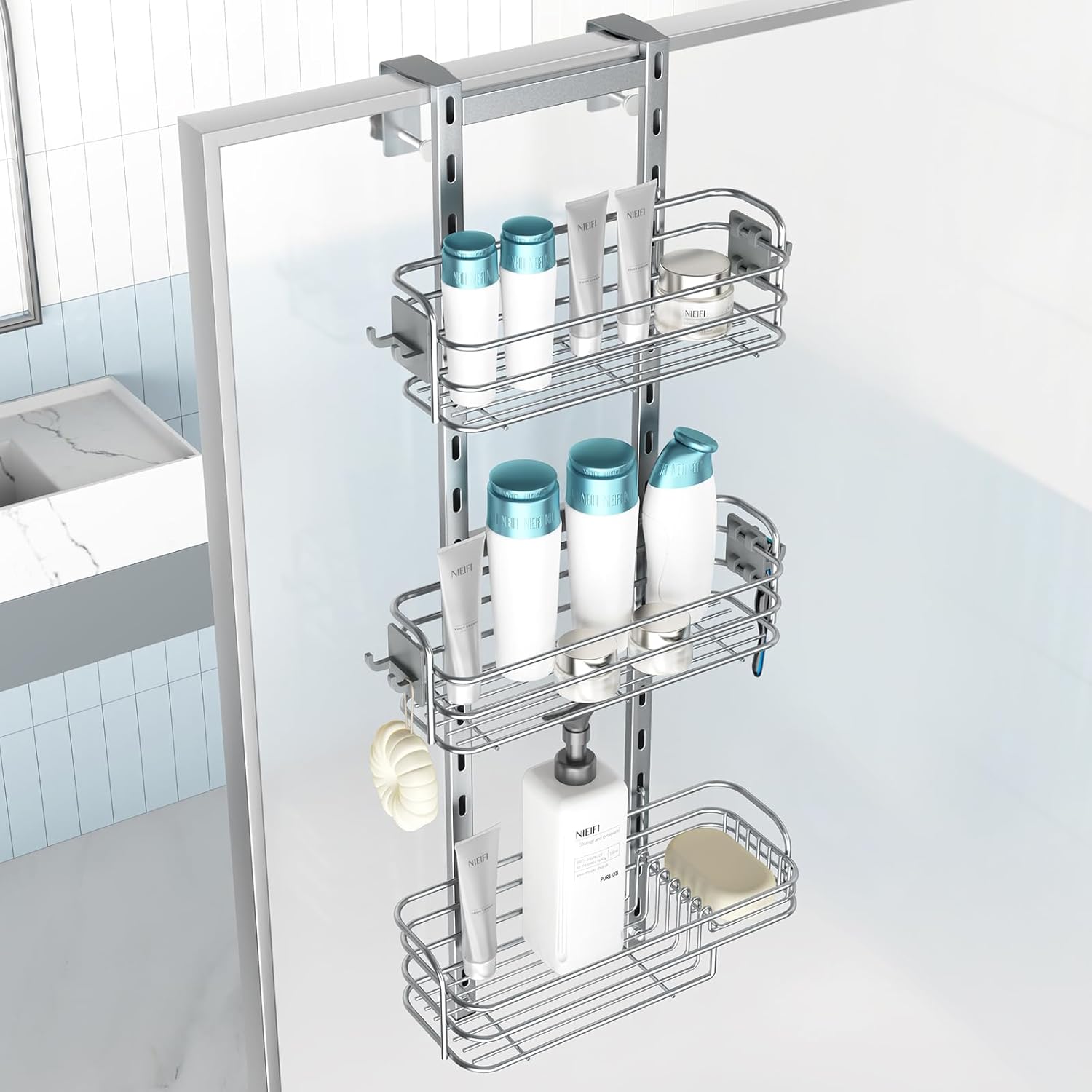 Nieifi Over The Door Shower Caddy - Adjustable Bathroom Organizer Rack | Extra Large Silver Shelf