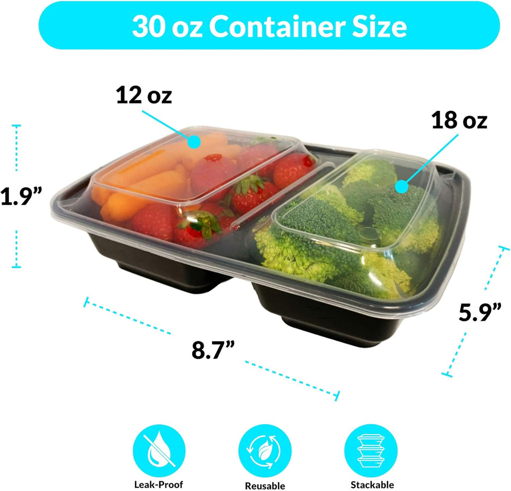 Reli. Meal Prep Containers - 30 oz. Black 2-Compartment Food Storage with Lid | Reusable Bento Box for Easy Meal Prep