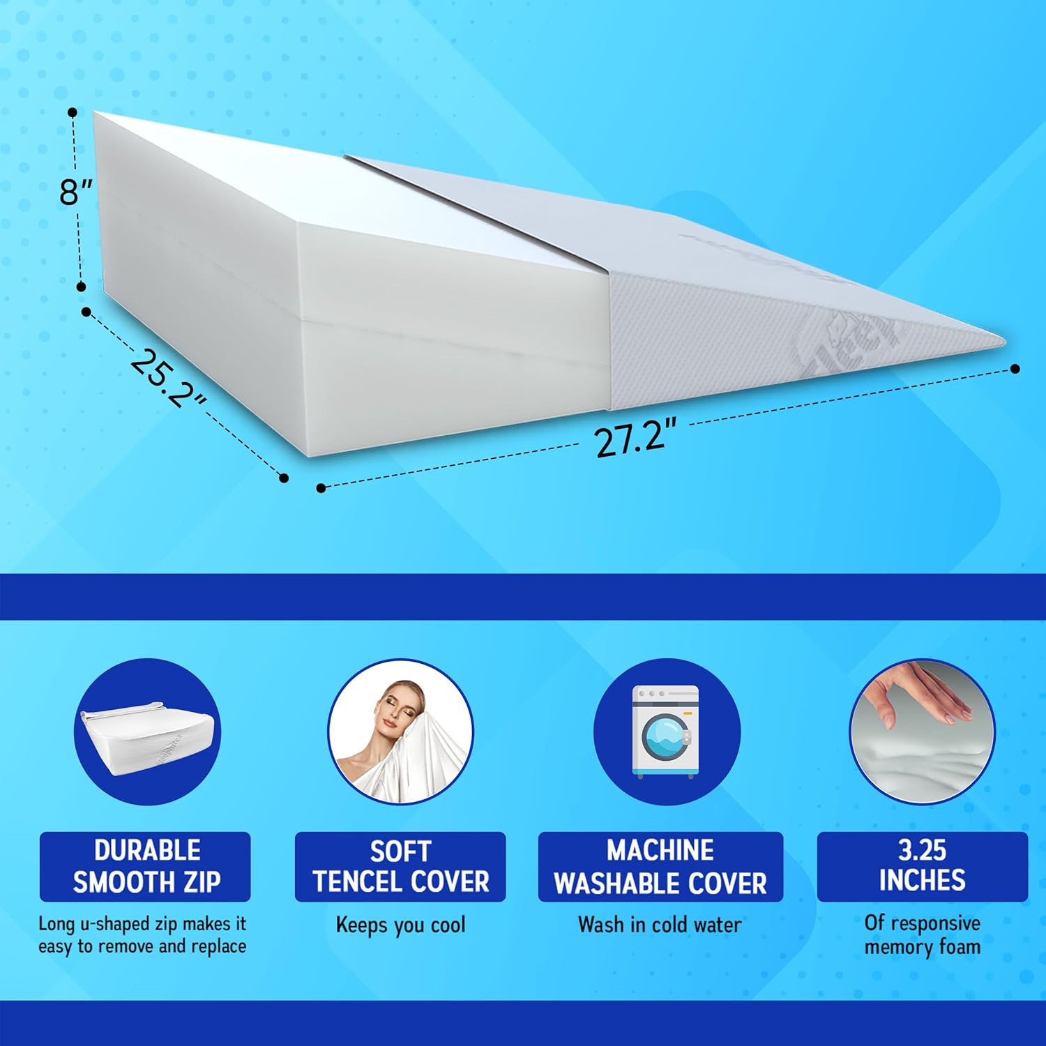 Sleepnitez Bed Wedge Pillow - Memory Foam Design for Acid Reflux, Snoring Relief & Comfort | 8" Size with 3.25" Top Layer