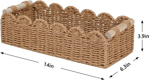 CubesLand Toilet Paper Storage Basket - Scalloped Edge Design with 2 Wooden Handles | Neutral Color, Small Size