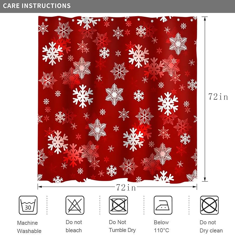 Christmas Snowflake Shower Curtain Red White 72x72 with 12 Hooks – Waterproof Polyester