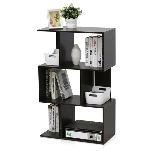 Furinno SIMPLY Book Shelf, 3-Tier Geometric Bookshelf, S-Shape Bookcase with Open Shelf, 11.8" x 23.6" x 37.3", for Organization and Storage, for Living Reoom, Bedroom, Home Office, Espresso