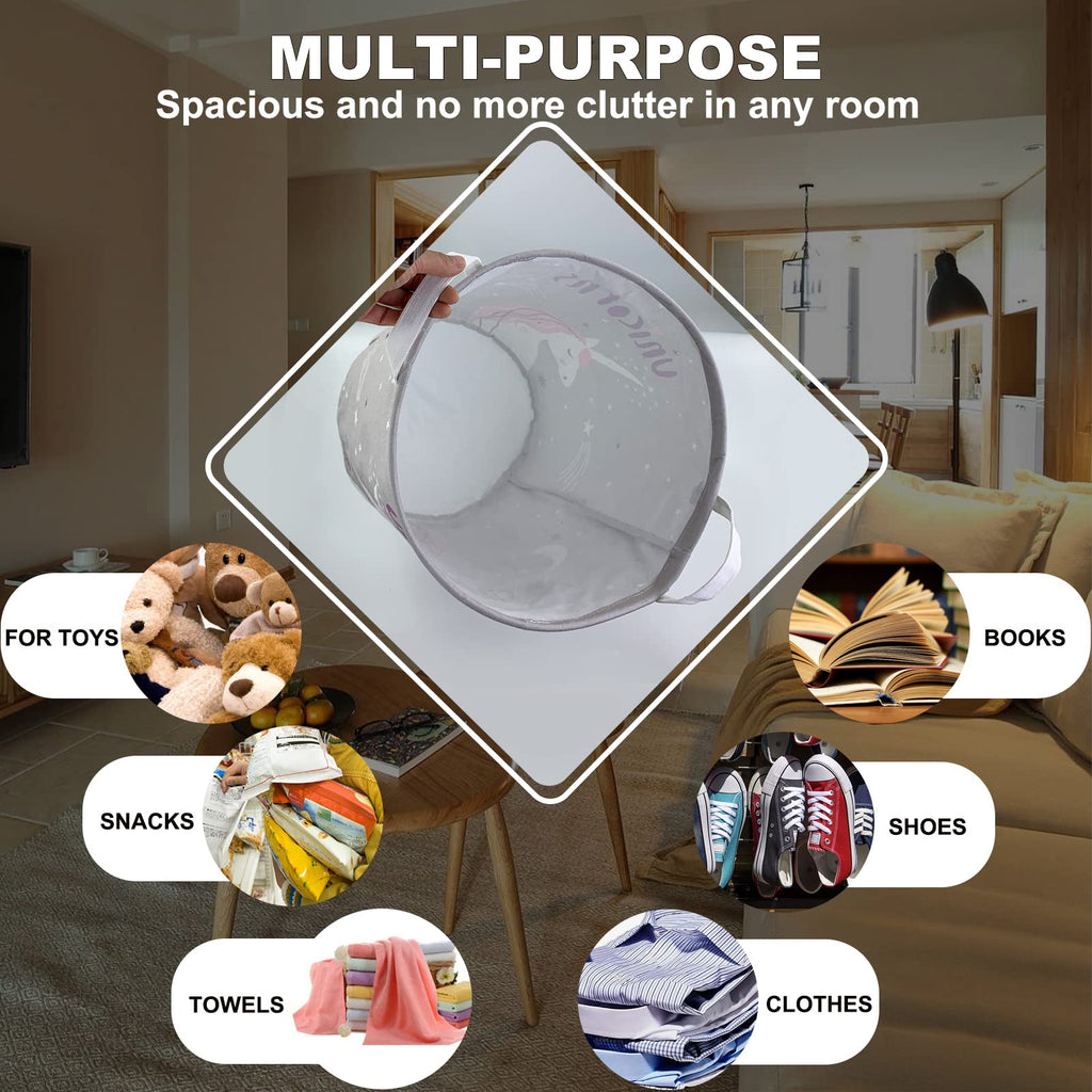 Mziart Kids Laundry Basket, Cute Collapsible Storage Baskets Baby Nursery Hamper Toys Box for Boys and Girls, Foldable Storage Bin Clothes Organizer Basket for Bedroom (Gray Unicorns)