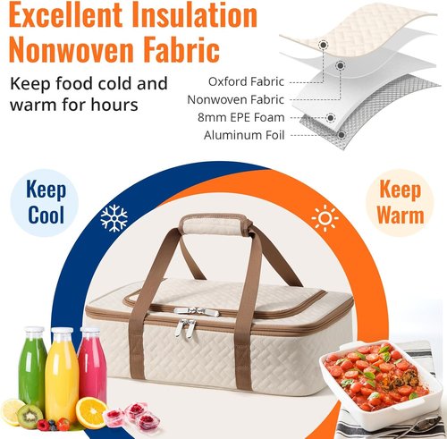 Insulated Casserole Carrier - Portable Hot & Cold Food Holder for Parties | Fits 9" x 13" Dish (Beige)