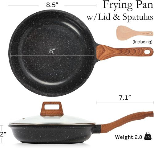 Eslite Life Nonstick Ceramic Frying Pan - Safe & Versatile Skillet with Lid, 8" Black for All Stovetops
