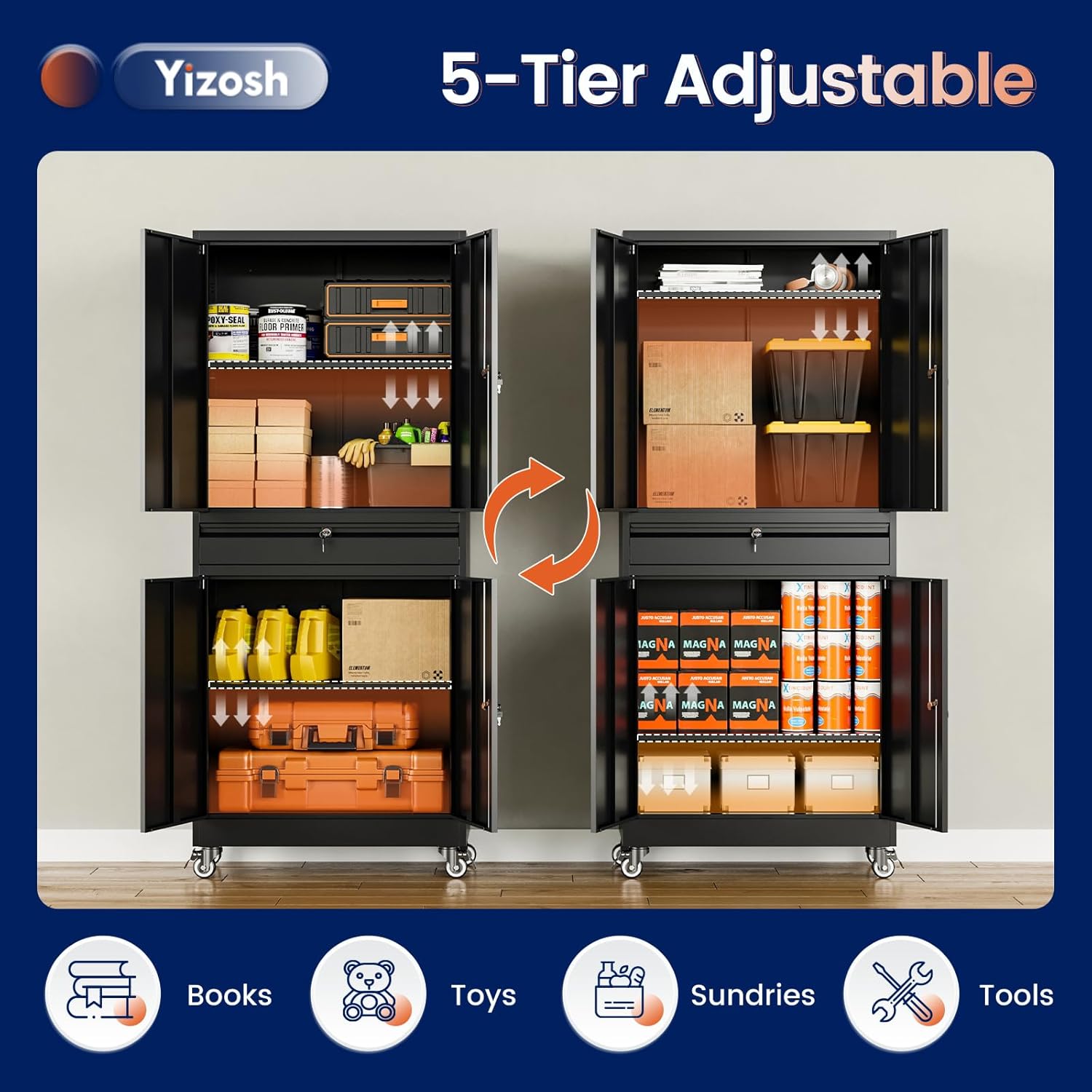 Yizosh Metal Garage Storage Cabinet - Locking Doors & Adjustable Shelves | 73" Rolling Tool Cabinet (Black)