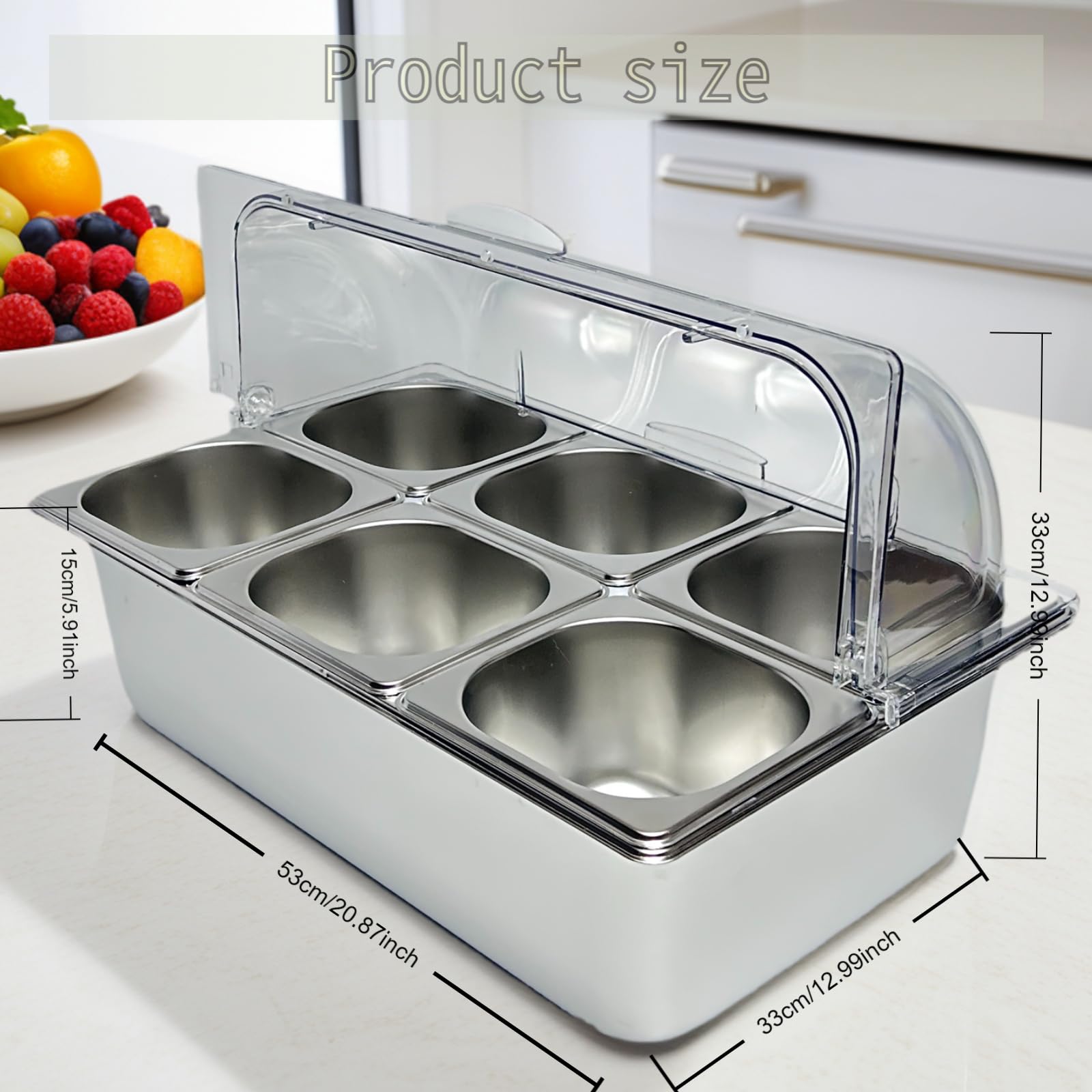 YPCDTL01 6-Pan Countertop Food Serving Display Container - Cold Buffet Table Serving Station for Salad Dressing, Appetizers, Spices & Fruit -Stainless Steel Food Serving Tray Ideal for Buffets