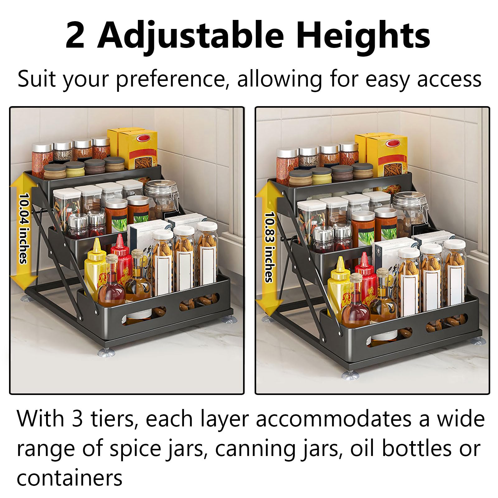 Ceetug 3 Tier Foldable Spice Rack for Countertop Iron Kitchen Seasoning Organizer for Cabinet, Black