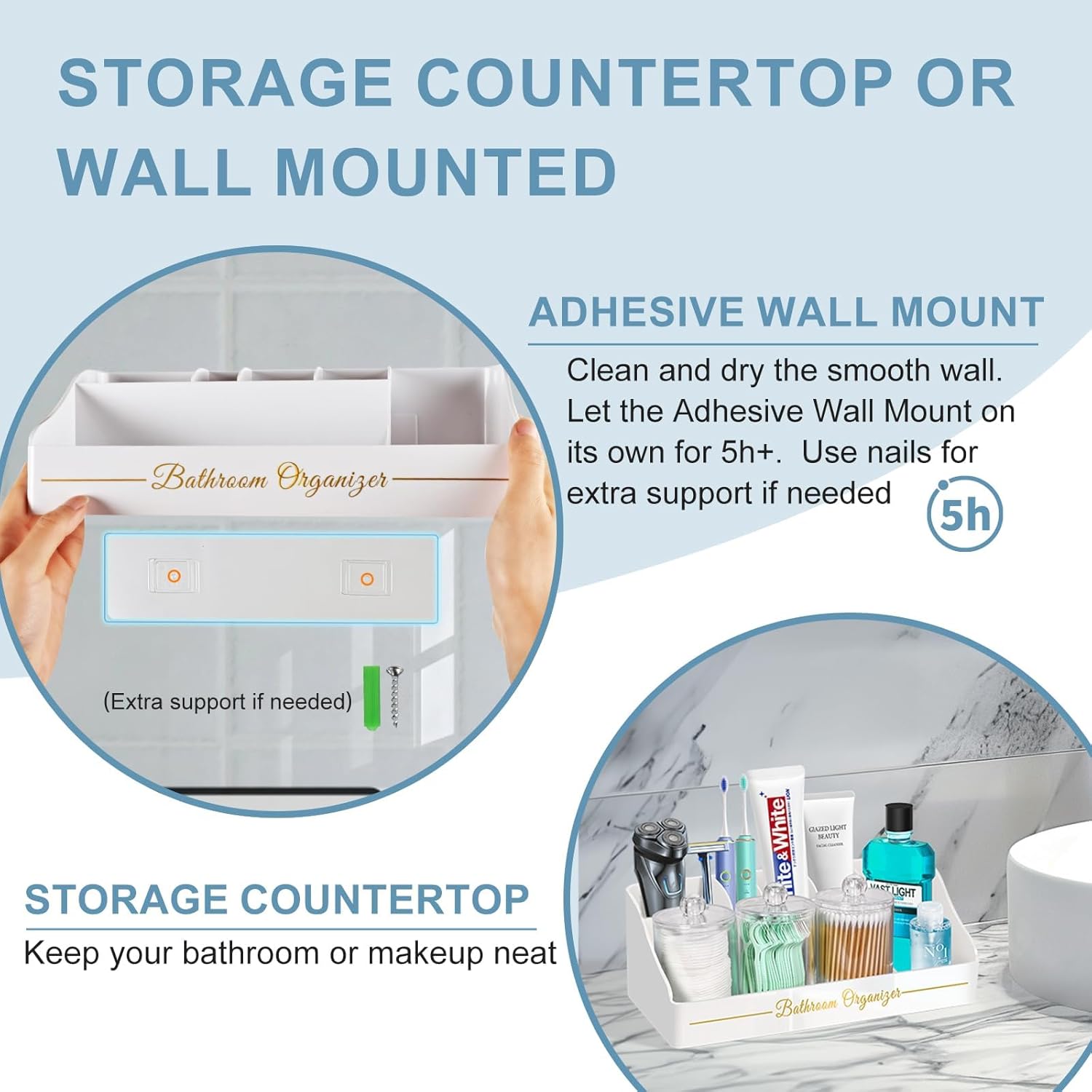 Tucao Toothbrush Holder - Sturdy Bathroom Organizer with 6 Large Slots & 3 Qtip Holders | Marble White
