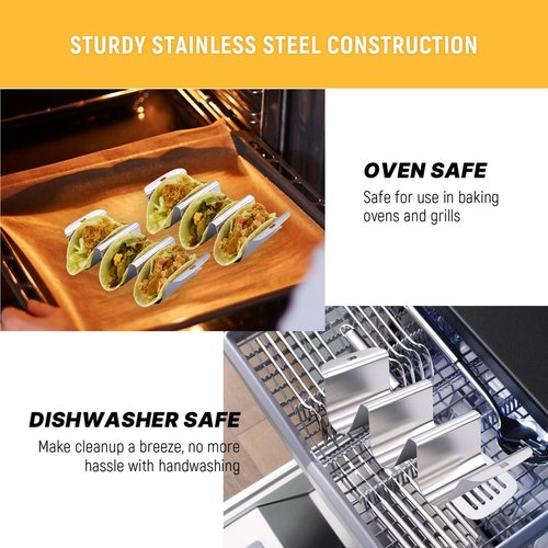 (Set of 4) Taco Holder Rack with Handle, 3 Slot Wave Stainless Steel Taco Stand for Hard & Soft Shell, For Family Party, BBQ & Taco Tuesday