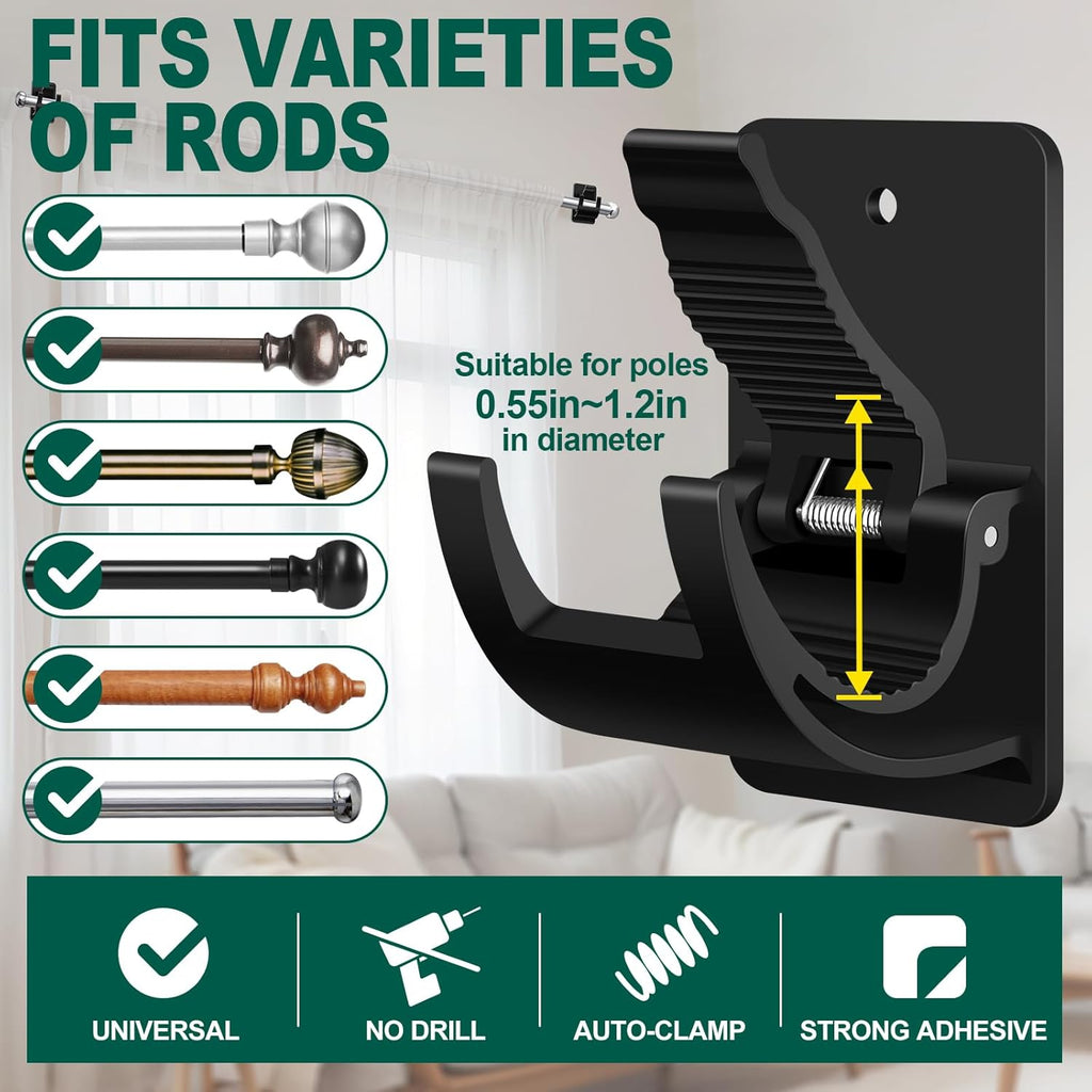 Skiennix No Drill Curtain Rod Brackets - 4 PCS Self Adhesive Hooks, 20lb Capacity | Rental Friendly for Home & Apartment