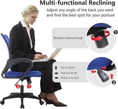 BestOffice Ergonomic Office Chair - Mid-Back Swivel Design with Breathable Backrest & Lumbar Support - Dark Blue