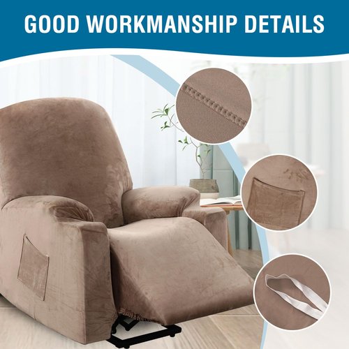 H.VERSAILTEX Rich Velvet Stretch Recliner Slipcovers 1 Piece Electric Power Lift Recliner Chair Cover Fitted Standard Large Power Lift Recliner with Side Pocket, Soft and Thick (Single Seat, Taupe)