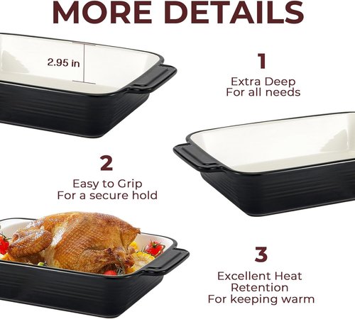 LIFVER Casserole Dish - 9x13 Ceramic Baking Dish | 115oz Large Lasagna Pan with Handles, Oven Safe, Black