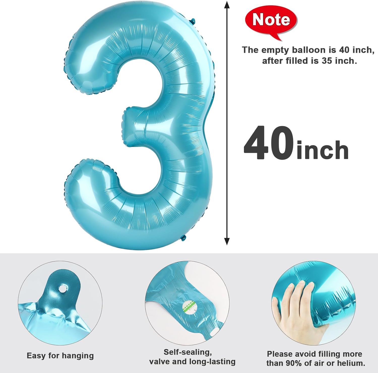 Numbers Balloon 3 - 40 Inch Large Pastel Blue Balloon for Three-Year-Old Birthday Decor
