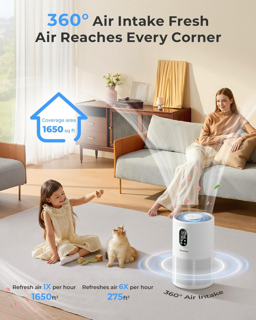 WESTHEY H13 True HEPA Air Purifier - Ideal for Large Rooms up to 1650 ft² | Night Light & Air Quality Monitor