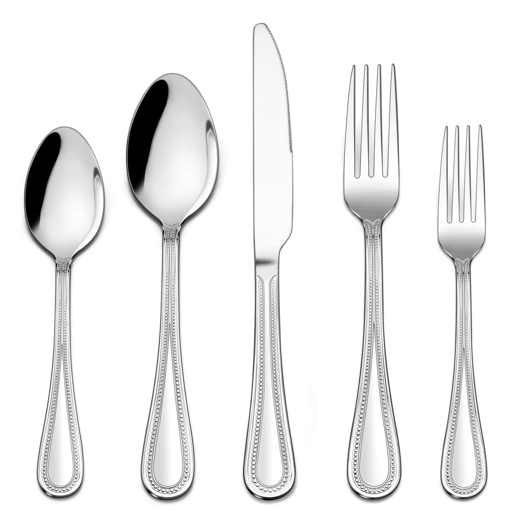 LIANYU 60-Piece Silverware Flatware Set for 12, Stainless Steel Cutlery Tableware with Pearled Edge, Fancy Eating Utensils for Kitchen Restaurant Party, Include Forks Knives Spoons, Dishwasher Safe