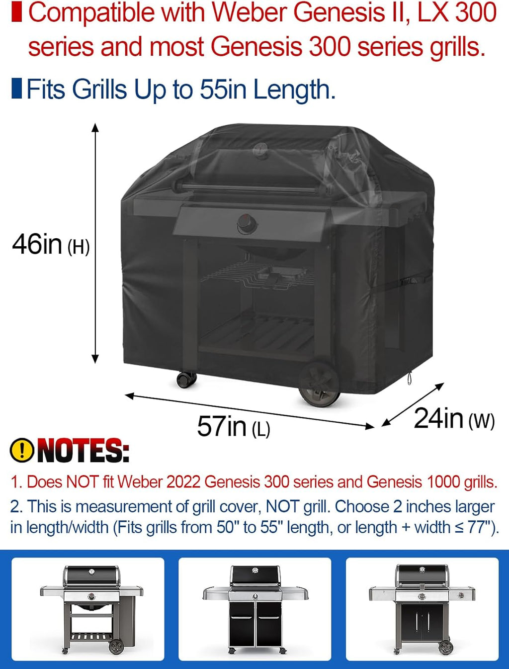 PAMASE 57-Inch BBQ Grill Cover - Waterproof & UV Resistant for Weber Genesis II, LX 300 Series | Fits Dyna-Glo, Nexgrill, Char-Broil
