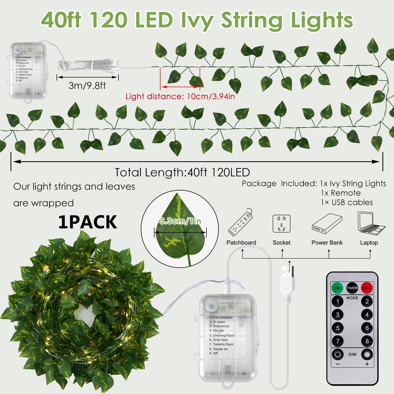 OMIKA 40FT Pothos String Lights - 120 LED Fairy Lights with Remote for Bedroom, Garden & Party Decor | Warm White