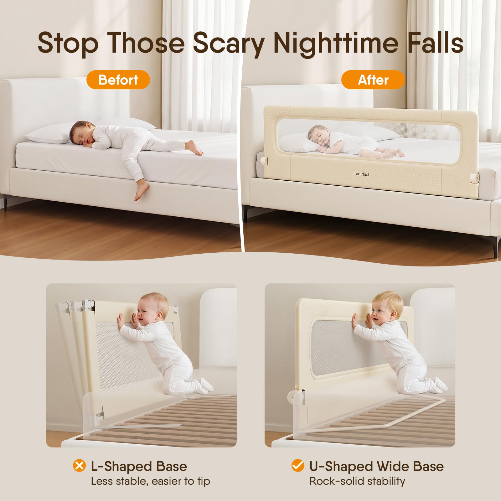 TodiNest Folding Bed Rail for Toddlers, Baby Bed Rail Guard with Reinforced Anchor Safety System, Toddler Bed Rails for King Size Beds, Twin, Full, Queen (Khaki, 71" L x 21.6" H)