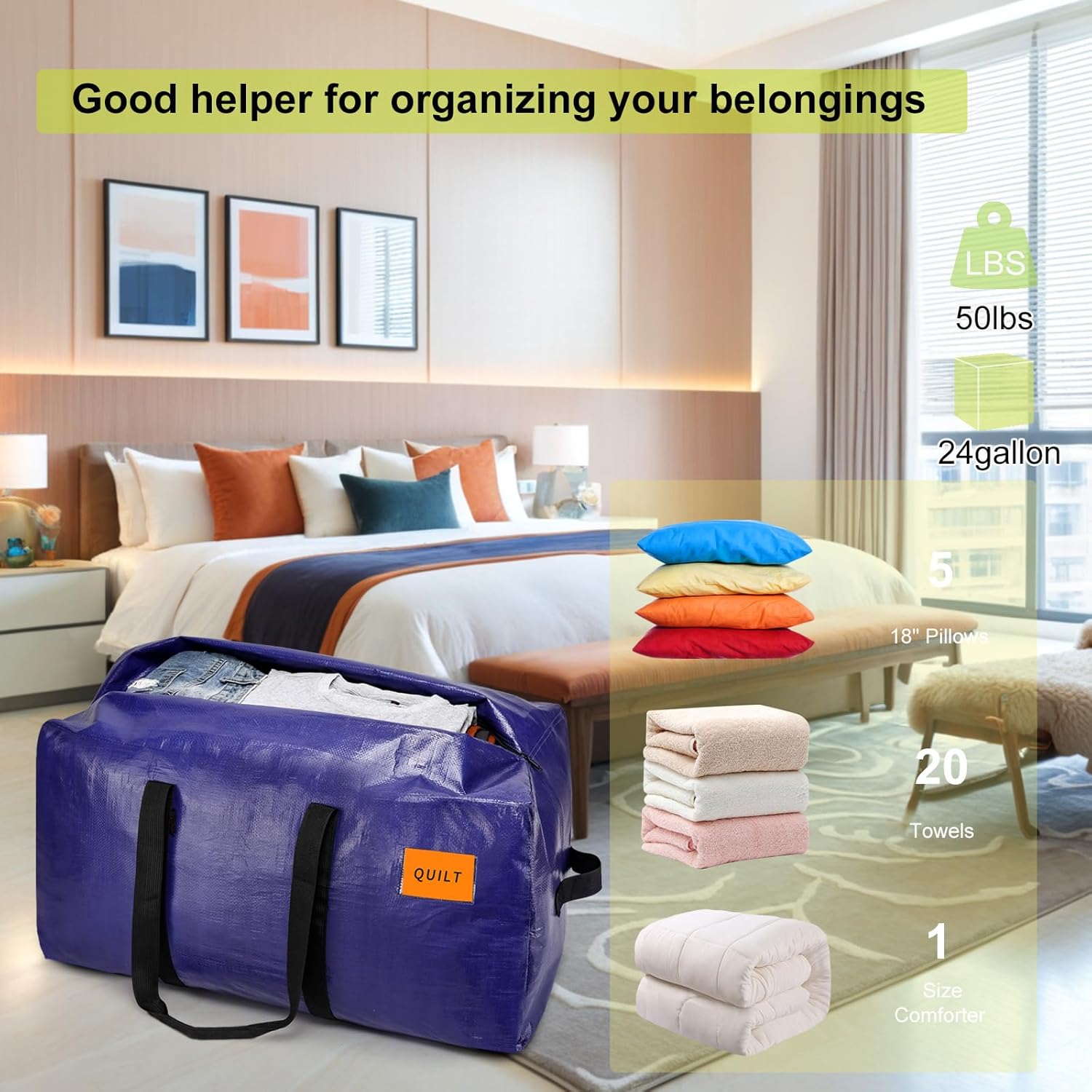 Skiennix Heavy-Duty Moving Bags - Extra Large Storage Totes with Zippers & Sturdy Handles | 6 Pack, Blue