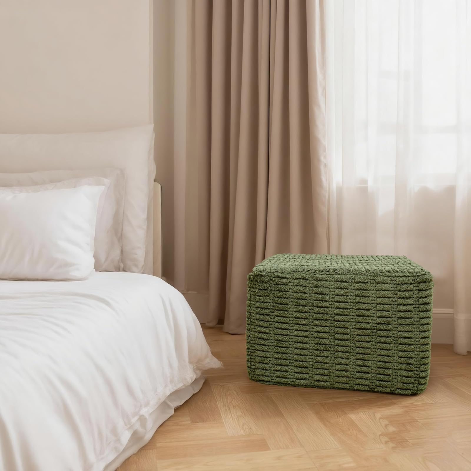 Poofieotto 20x20x14 Inches Fluffy Square Pouf Ottoman - Plush Furry Boneless Ottoman Foot Rest Stool with High-Density Foam, Versatile Floor Seating for Living Room (Green)
