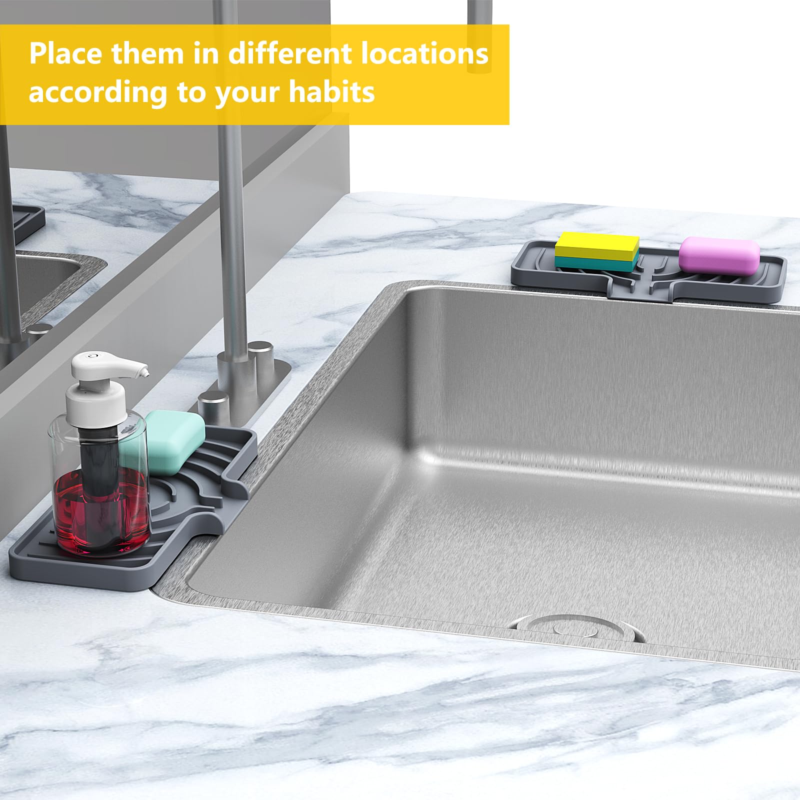 JOOKKI Sponge Holder for Kitchen Sink, Soap Tray for Sink & Counter, 9.8"×4.9" Soap Dish Mat, Silicone with Drain, Perfect for Kitchen, Scrubber, Bottle, Cup (Gray)