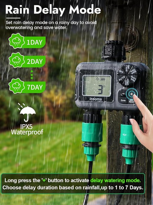 Insoma 2-Zone Sprinkler Timer - Programmable Garden Hose Timer with Auto/Rain Delay | Waterproof & Easy Setup for Efficient Lawn Irrigation