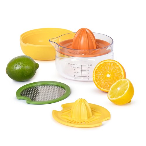 Tovolo All-in-1 Citrus Juicer and Zester Set, White & Yellow – Manual Juicer with Measuring Cup, Dual Reamers, BPA-Free, Dishwasher Safe, Compact Storage