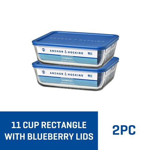 Anchor Hocking 11-Cup Glass Storage Containers with Lids, Set of 2 Glass Food Storage Containers with Blueberry SnugFit Lids