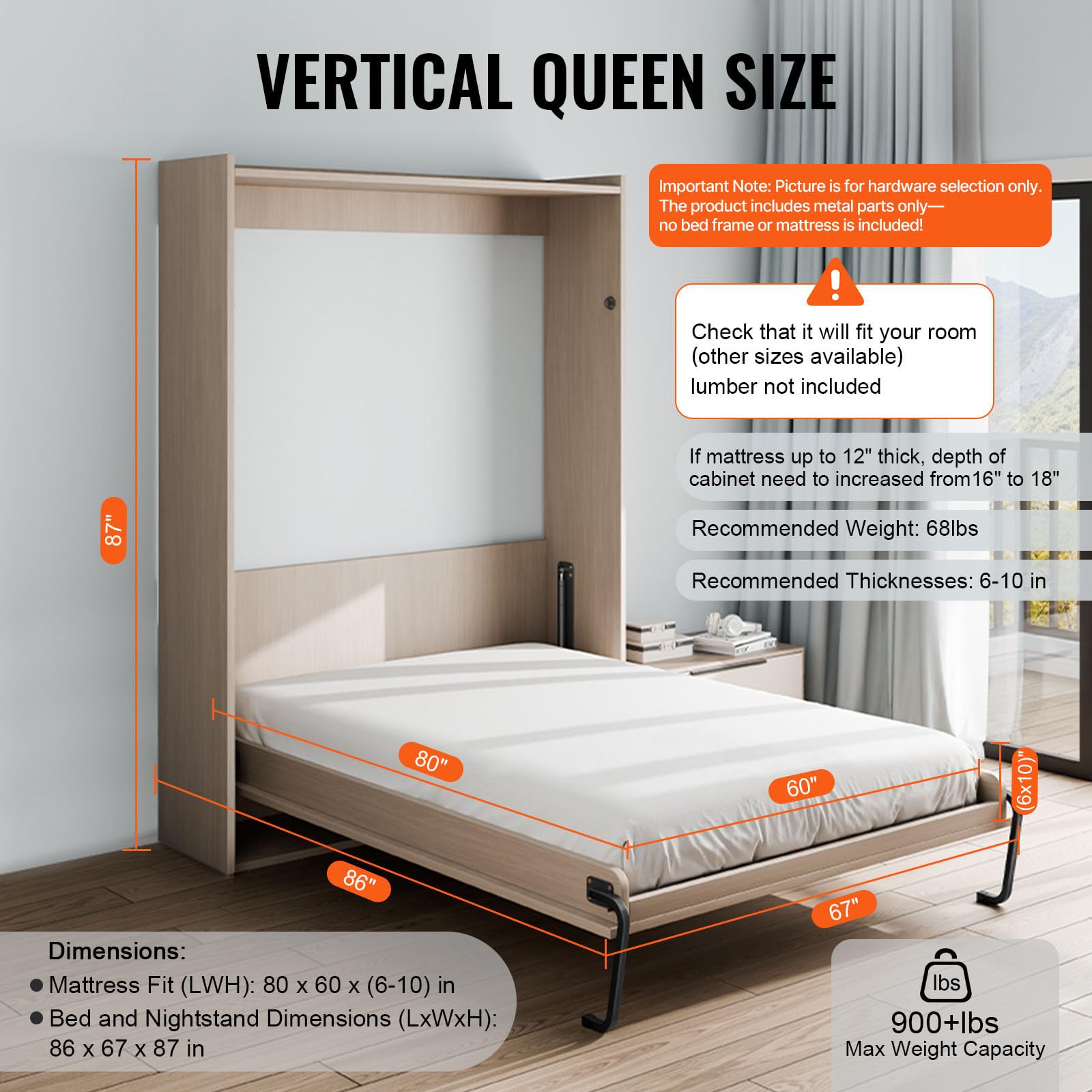 VEVOR Murphy Bed Kit, Queen Size, Vertical Deluxe DIY Wall Bed Mechanical Hardware Kit, Pneumatic Lever Heavy Duty Bed Frame Support, Folding Cabinet Wall Bed Space Saving Design for Guestroom