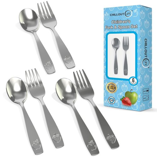 Chillout Life Stainless Steel Kids Silverware Set - Safe 6-Piece Flatware for Toddlers | Includes 3 Spoons & 3 Forks
