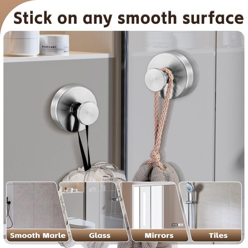 Supopular Reusable Heavy Duty Suction Cup Hooks for Kitchen/Bathroom/Shower - Wet-Proof Hooks for Towels, Robes, Loofah&Wreaths/No Drill Mounting on Glass, Tile, Metal (2, Brushed Nickel)