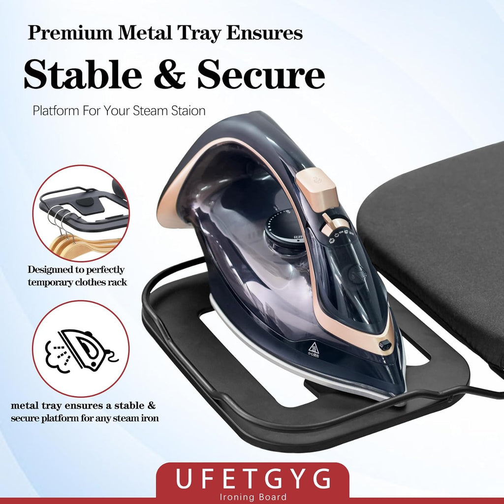 UFETGYG Ironing Board - Height Adjustable Metal Panel | 43" x 13" | Heat Resistant Fabric & Iron Rest