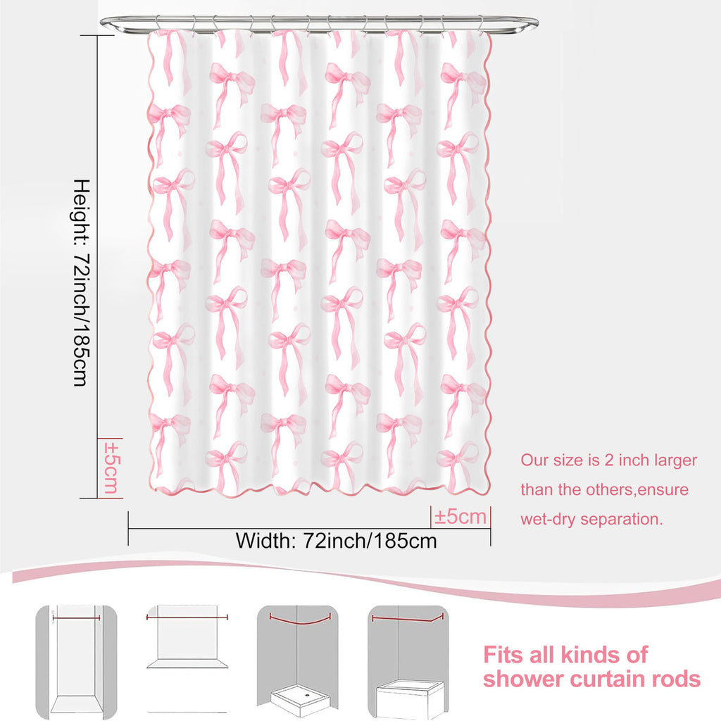 MUGINYU Girls Pink Bow Shower Curtain with Scalloped for Preppy Bathroom Decor,Cute Ruffle Girly Shower Curtains,Coquettecute Chic Aesthetic Shower Curtain Set with Hooks 72x72 Inch