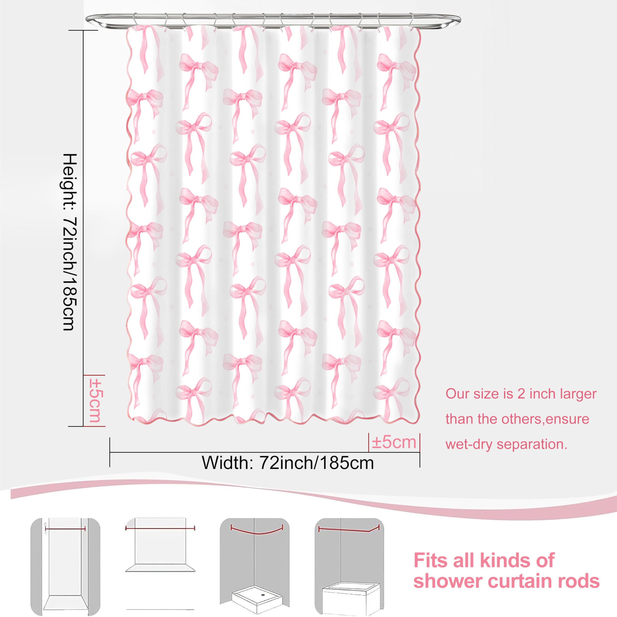MUGINYU Girls Pink Bow Shower Curtain with Scalloped for Preppy Bathroom Decor,Cute Ruffle Girly Shower Curtains,Coquettecute Chic Aesthetic Shower Curtain Set with Hooks 72x72 Inch
