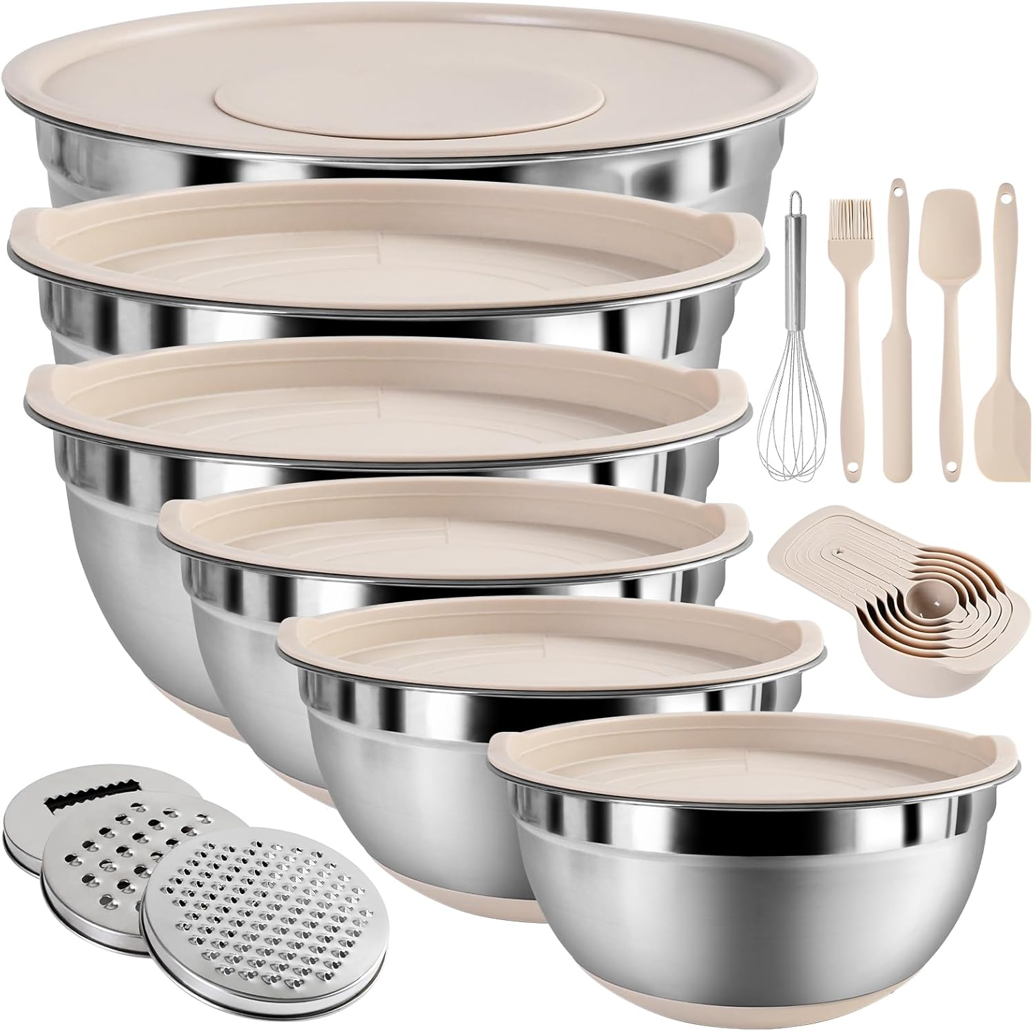 Skiennix Mixing Bowls Set - 20 PCS Kitchen Gadgets with Airtight Lids & Non-Slip Silicone Bottoms | Khaki