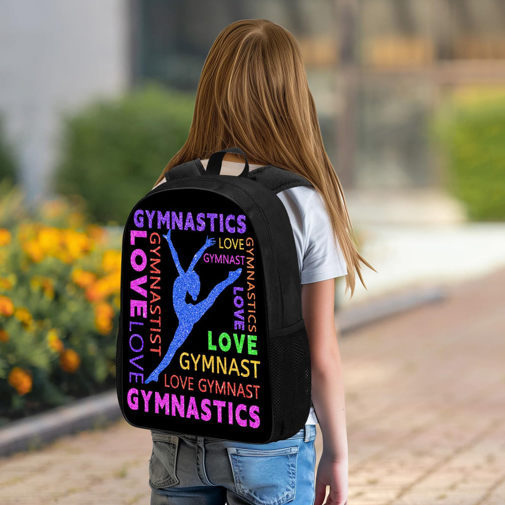 DOINBEE Gymnastics Backpack, Gymnastics Backpack for Girls Women, Colorful Love Gymnast on Black Bookbag, Funny Water Resistant Lightweight School Laptop Bags Casual Travel Daypack 17"