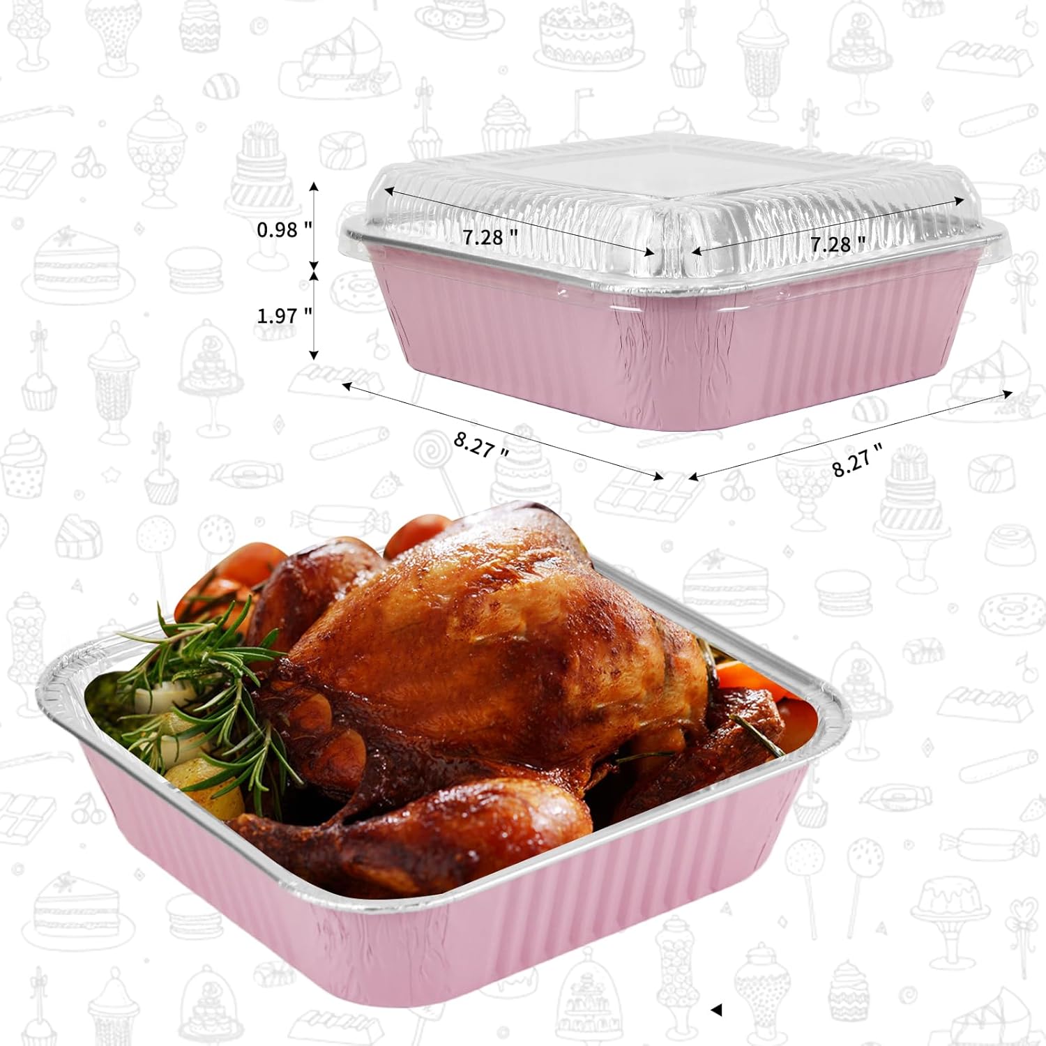 Aluminum Pans 50 Pack - 8"x8" Disposable Foil Containers with Lids for Baking & Storing | Pink