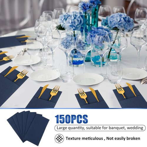 Cindeer 150 Pcs Navy Blue Linen Dinner Feel Napkins with Built in Flatware Pocket Prefolded Paper Disposable Airlaid Guest Hand Towel for Silverware Wedding Reception Christmas Baby Shower