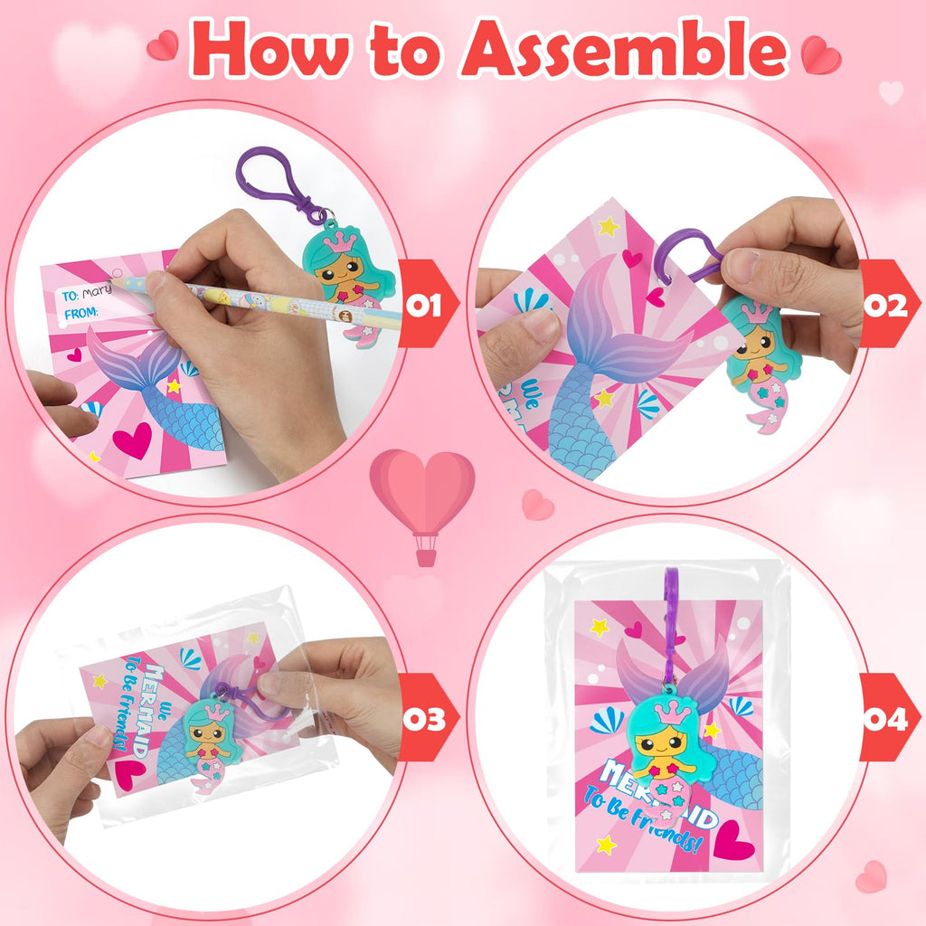 Gloween 30 Pack Valentines Day Cards for Kids, Cute Dinosaur Flamingo Mermaid Llama Unicorn Keychains, Great Classroom/Class Exchange Prizes Valentine Party Favors Gifts for Boys Girls
