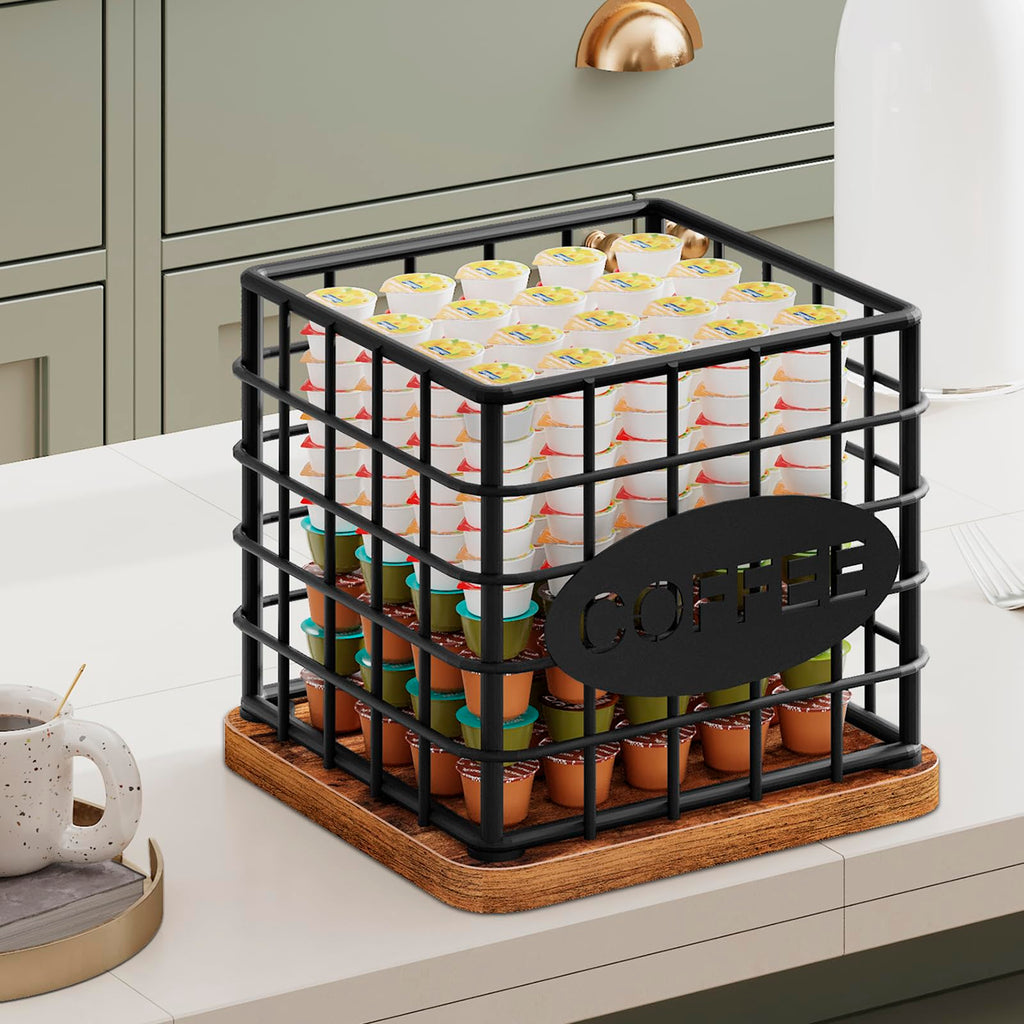 YATINEY Coffee Pod Holder for K Cup, Large Capacity Coffee Pod Organizer, Versatile Coffee Capsule Storage Basket with Wooden Base, Rustic Brown KH10BR