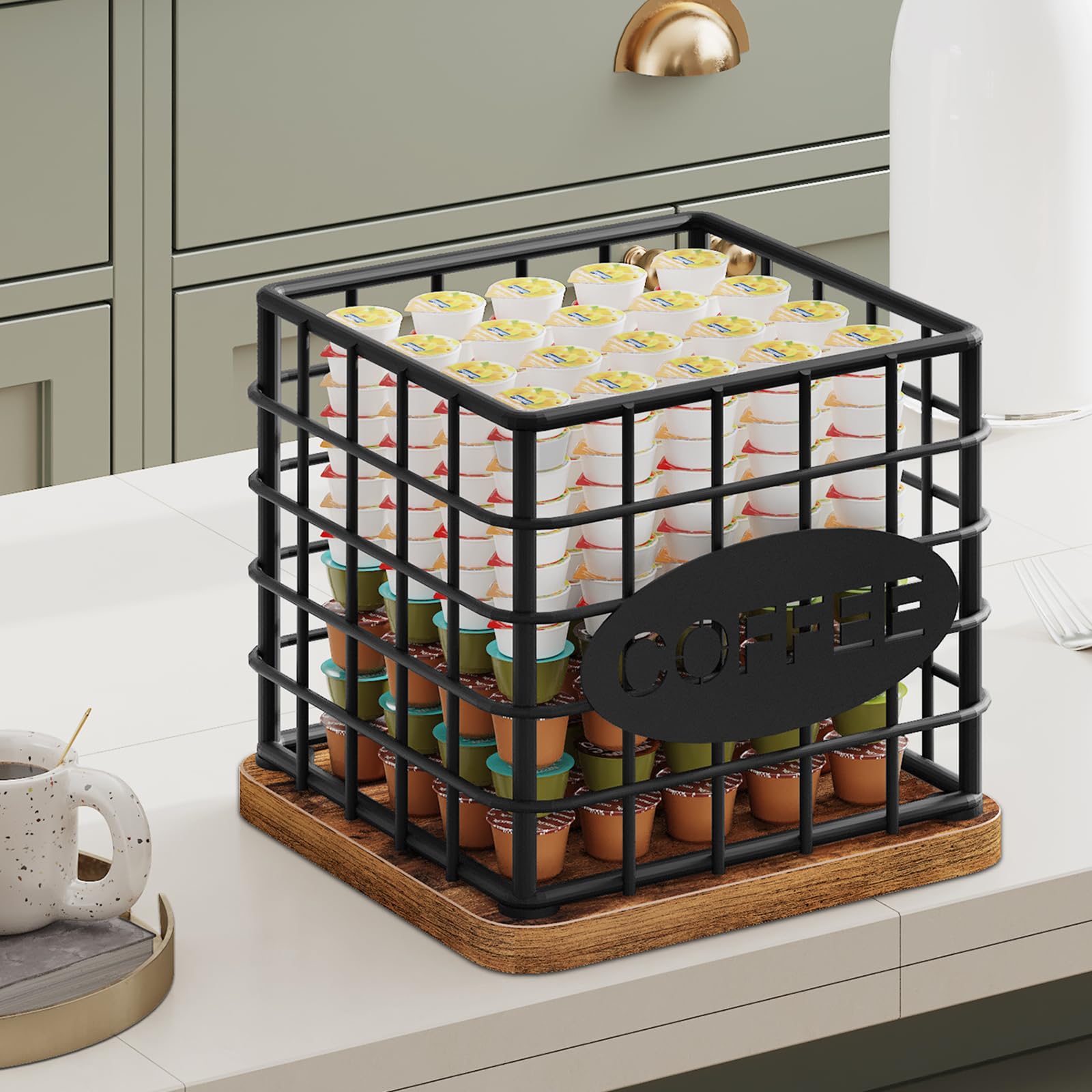 YATINEY Coffee Pod Holder for K Cup, Large Capacity Coffee Pod Organizer, Versatile Coffee Capsule Storage Basket with Wooden Base, Rustic Brown KH10BR