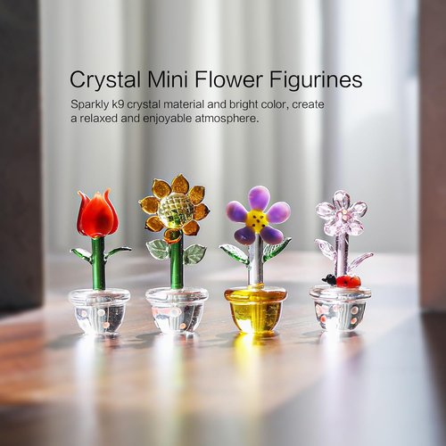 LONGWIN Mini Crystal Flower Figurines - Hand Blown Glass Spring Bouquet | 4pcs Collectible Home Decor Gift