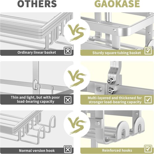 GAOKASE Aluminum Shower Caddy - Rustproof Hanging Organizer with 4 Levels & 10 Hooks - Silver