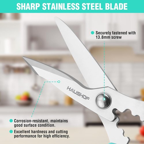 HAUSHOF Kitchen Scissors - Heavy Duty Stainless Steel Shears with Soft Grip | 8-1/4" U-Groove Design for Meat & Vegetables