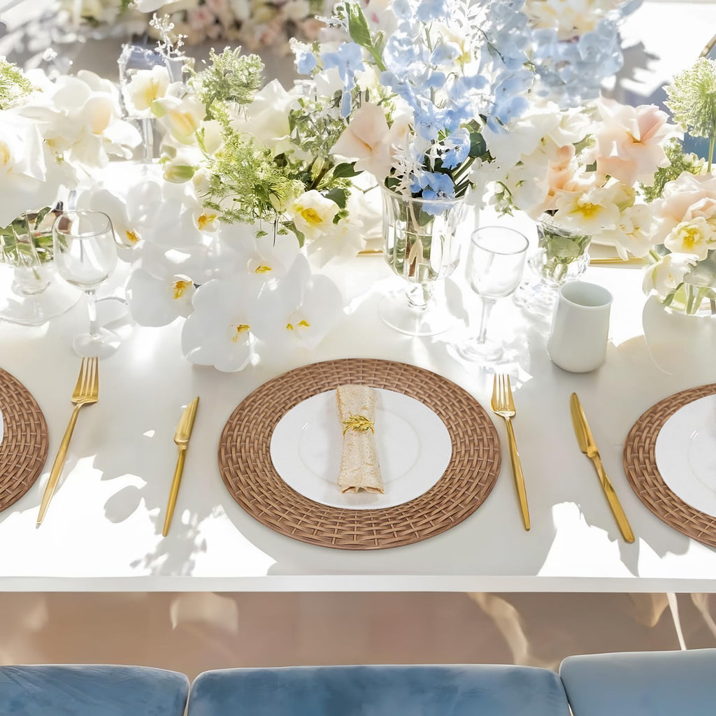 MAONAME Faux Rattan Charger Plates Set of 12, Table Chargers for Dinner Plates, 13" Round Brown Plate Chargers, Plastic Charger for Table Setting, Wedding Decor
